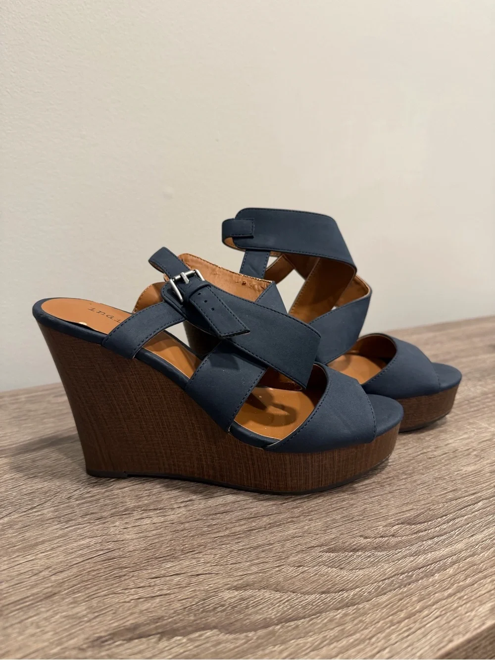 Indigo Navy Crisscross Wedge Sandals with Wood-Textured Platform
